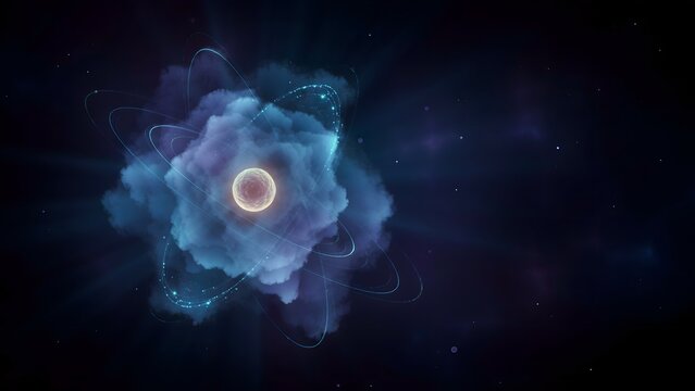 Digital Illustration of Atom with Electron Cloud and Atomic Orbitals in Space