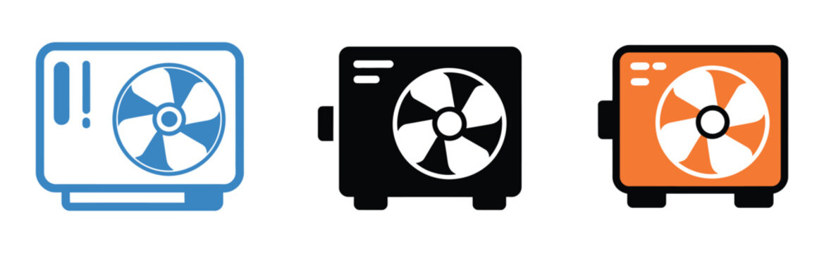 Ac outside unit icon vector, hvac cooling system symbol, air conditioning equipment illustration, climate control technology, ventilation service concept, building maintenance and repair design.