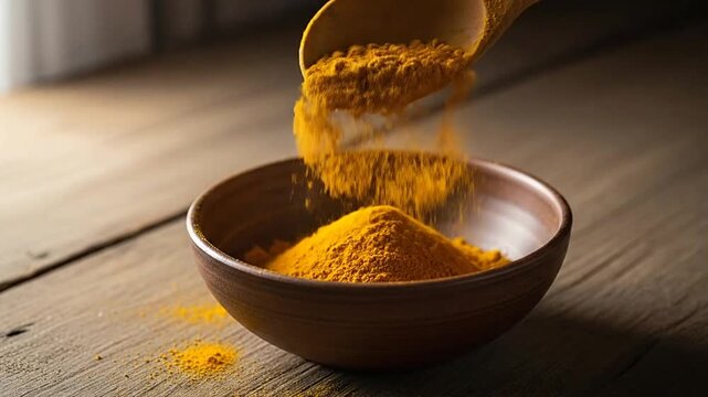 Close-up of turmeric powder falling into ceramic bowl.