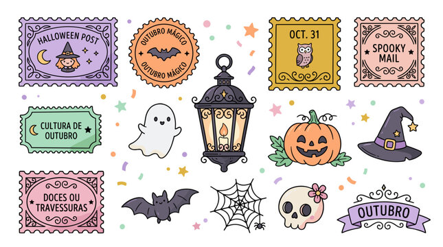 Halloween themed collection with pumpkins ghosts bats lanterns and witch hats for celebration