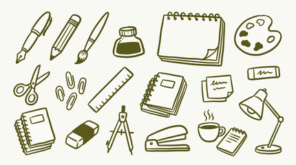 Obraz premium Hand drawn stationery and school supplies set doodle style illustration of various office items including notebooks, pens, pencils, scissors, ruler, and desk lamp