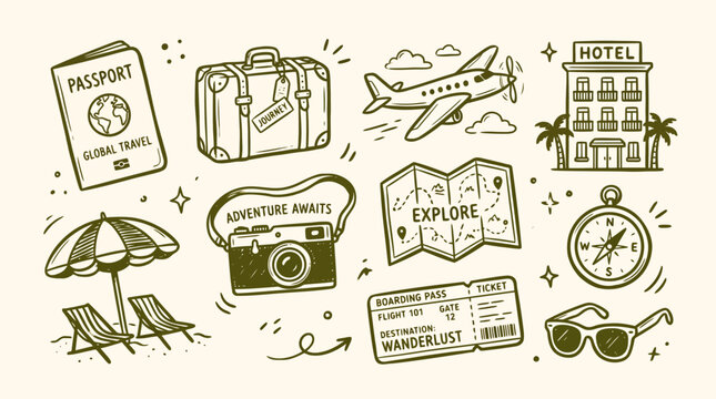 Set of travel and tourism hand drawn doodle icons, collection of vacation elements including passport, suitcase, airplane, hotel, camera, map, compass, boarding pass and sunglasses