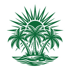 Fototapeta premium A dark green line of three palm trees on a small island with a sun and radiating rays in the background, set on a white background, representing a tropical beach vacation