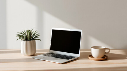 Fototapeta premium Minimal mock up of a laptop with black screen on a wooden desk next to a cactus plant and a coffee cup