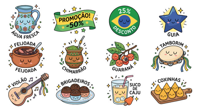 Collection of colorful traditional brazilian food and drink icons with festive elements