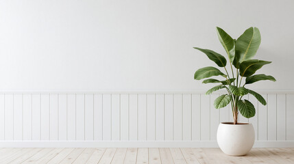 Fototapeta premium A green potted plant stands against a white wall in a bright and minimalist empty room with wooden floors