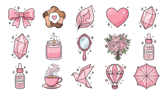 Collection of pink romantic objects including bow, heart, flower, perfume, and candle