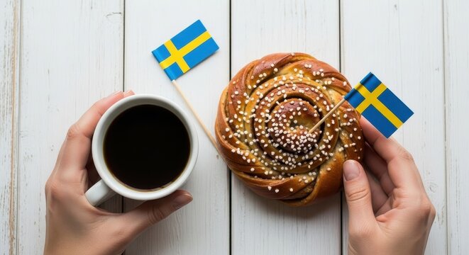 Swedish Cinnamon Bun and Coffee with Swedish Flags.