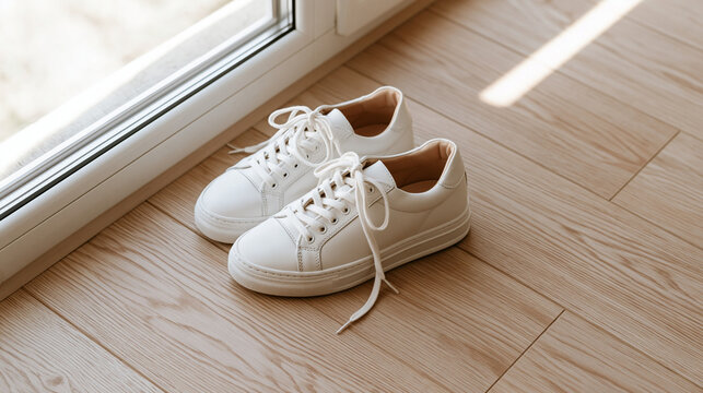 A pair of clean white leather sneakers sits on a light wood floor next to a bright window with sunlight