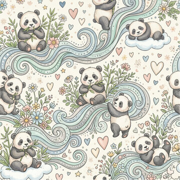panda and waves, hearts repeating pattern