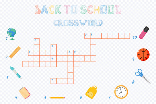 Educational game for kids. Cute back to school crossword teamplate  for kids. Printable game.Educational activity worksheet.Illustration for kids books and workbooks.Logical quest for children.Vector 