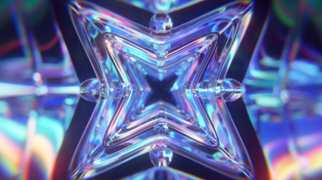A mesmerizing abstract background features a symmetrical star-shaped tunnel crafted from reflective clear glass, illuminated by vibrant blue, purple, and pink iridescent light, creating a futuristic