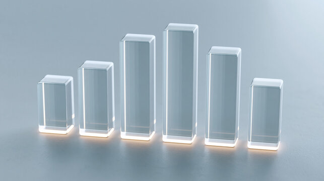 A bar chart made of glass blocks with glowing bases stands on a grey surface to represent financial growth and data analysis