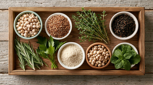 A wooden tray holds small bowls of assorted legumes and grains with fresh green herbs on a rustic table