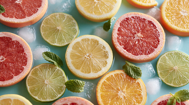 Fresh slices of orange lemon lime and grapefruit are laying on a light blue surface with green mint leaves and ice cubes
