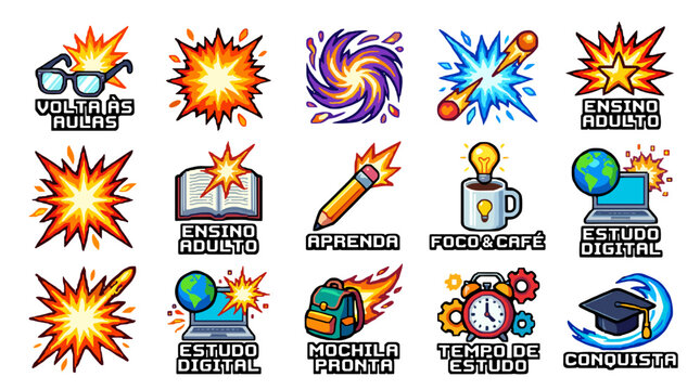 Collection of colorful explosive icons and symbols for dynamic design elements