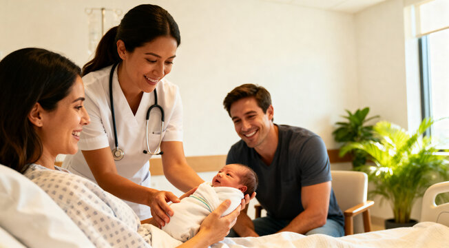 Mother holding her newborn for the first time as a midwife assists, with the happy father seated nearby in a modern hospital room.