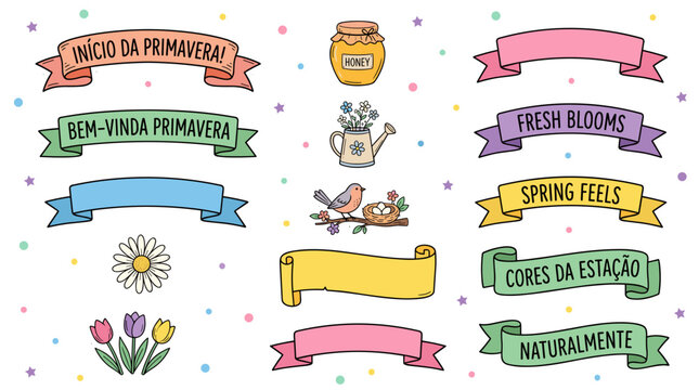 Collection of colorful spring banners flowers bees and jars with honey