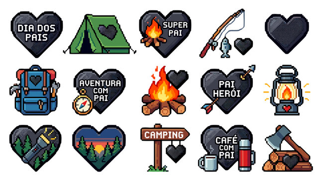 Collection of pixel art icons representing camping, adventure, and outdoor activities