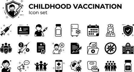 Fototapeta premium Childhood Vaccination Icon Set Vaccine Syringe Immunization Card Child Injection Vial Cold Chain Schedule Immunity Shield Vector Illustration