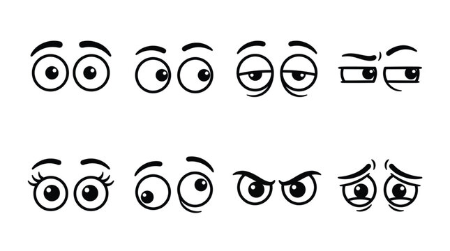 Various cartoon eyes expressing different emotions set in a clean black and white vector style