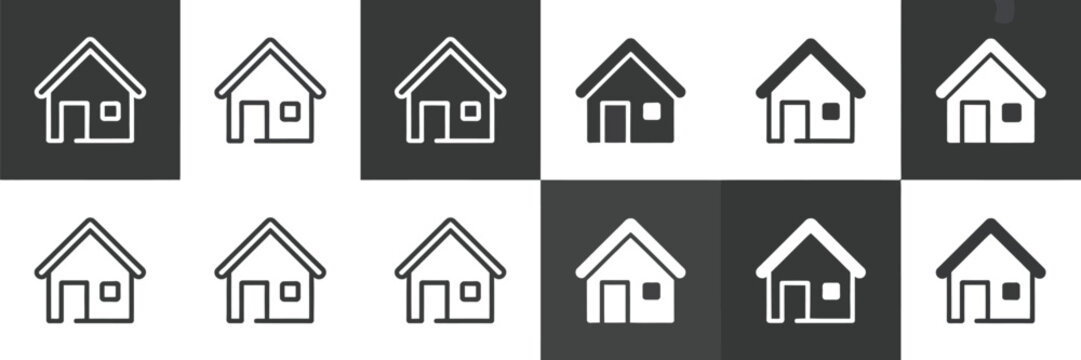 Home icon collection featuring house symbols and real estate elements, black vector icons isolated on white background, residential property graphics, building silhouettes, modern housing signs, archi