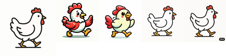 Fototapeta premium Cute Cartoon Hen and Chicken Character Collection Set with Different Poses Vector Illustration