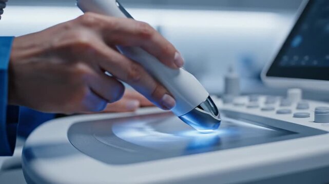 Sonographer performs a diagnostic medical ultrasound examination using a high-tech imaging probe on a patient.