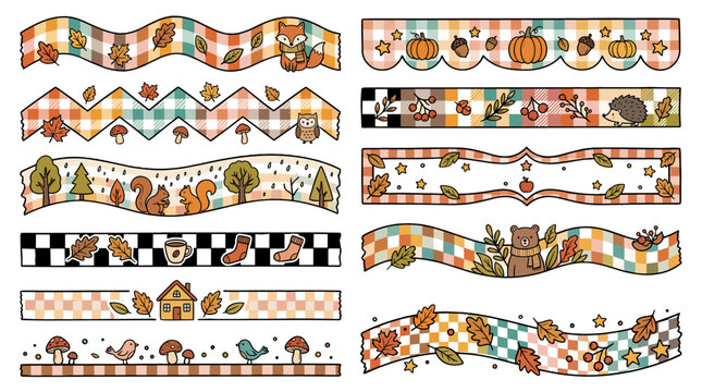Set of decorative borders with autumn leaves pumpkins and harvest motifs for seasonal design