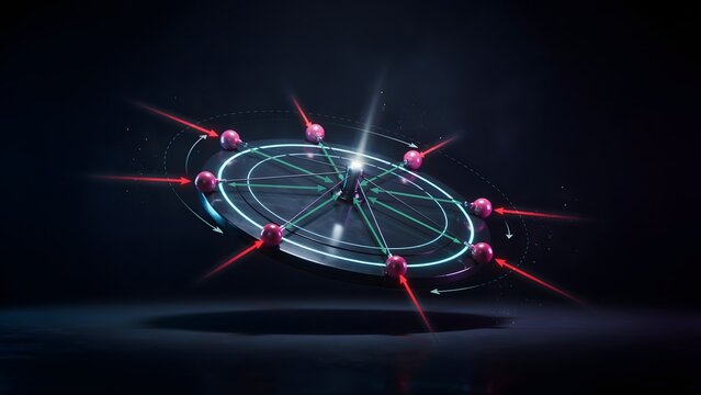 Artistic animated depiction of atomic model with electrons and nucleons in a cosmic background
