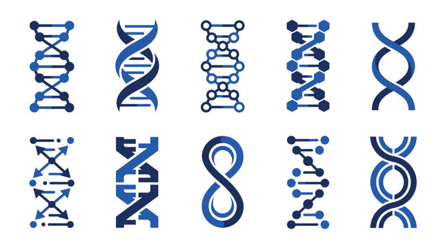 Ten flat blue dna helix icons representing genetic structure and biological research in modern style