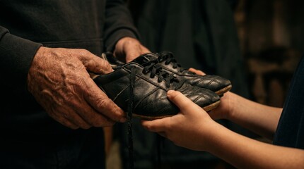Fototapeta premium Old man giving black soccer shoes to a young child