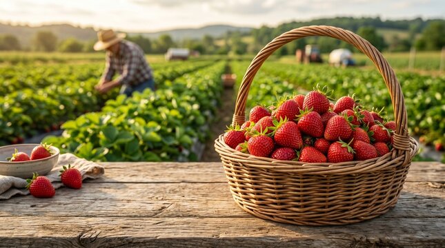 A basket overflowing with fresh-picked strawberries sits on a rustic wooden table in the foreground, with a farmer working in the lush green strawberry fields under the warm glow of sunset.