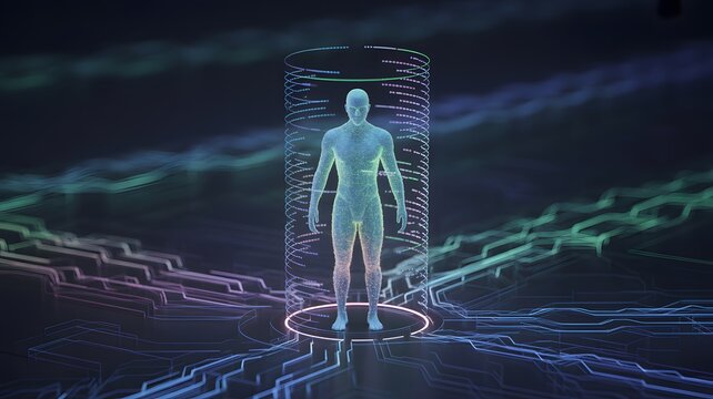 Futuristic Digital Human Hologram with AI Technology and Data Network Concept