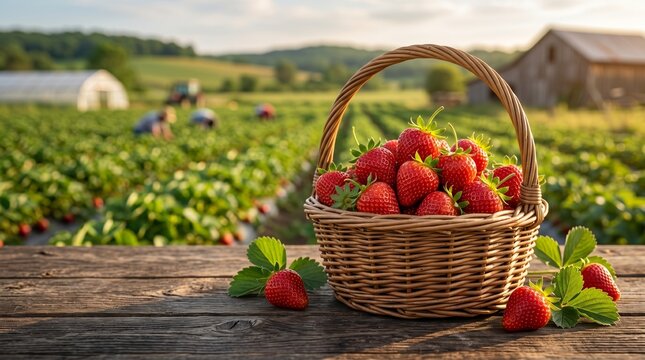 A rustic wicker basket overflowing with freshly picked ripe red strawberries sits on a wooden farm table against the backdrop of a sun-drenched summer berry field at golden hour.