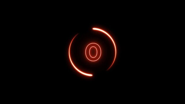 Glowing red neon a digital countdown icon 5 to 0 with two neon line circle animation on black background.Abstract five to zero countdown icon.countdown icon,timer icon,countdown concept icon.