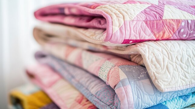 Stack of colorful patchwork quilts in soft focus detail