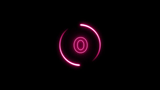 Glowing neon a digital countdown icon 5 to 0 with two neon line circle animation on black background.Abstract five to zero countdown icon.countdown icon,timer icon,countdown concept icon.