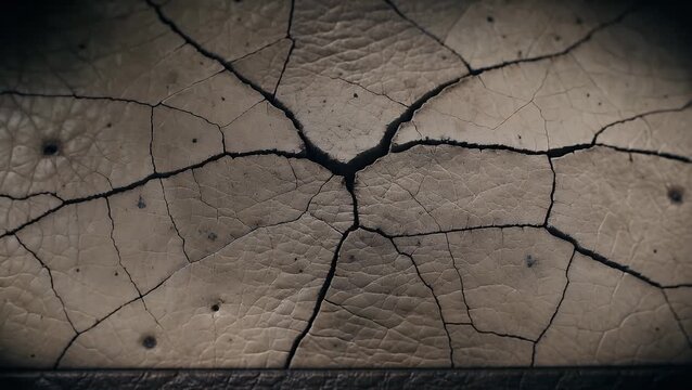 An extensively fractured and distressed animal hide surface presenting a ruptured motif substrate, macro perspective of a textured epidermis ground covering for utilization in visual projects, sartor