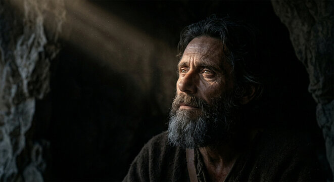 Bible, A conceptual, minimalist photograph focusing on the serene, quiet atmosphere inside the cave. A single, soft, warm ray of light pierces the darkness, illuminating Elijah&rsquo;s face