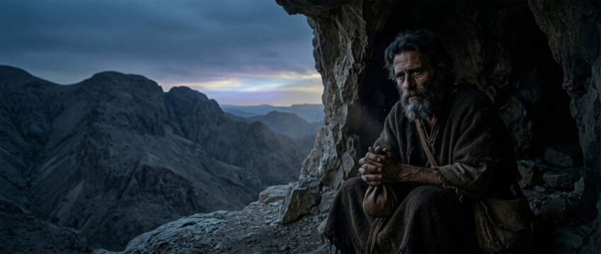 Bible, A cinematic, low-key photograph of Elijah huddled in the dark, recessed opening of a rugged mountain cave on Mount Horeb. 