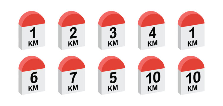 Road Distance Milestone Vector Markers Showing 1 to 10 Kilometer Indicators for Navigation and Direction Systems