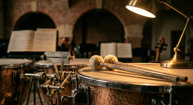 A close-up, artistic composition featuring a pair of felt-covered timpani mallets resting on the rim of a copper bowl, with the tuning gauge and pedal mechanism visible in the background,