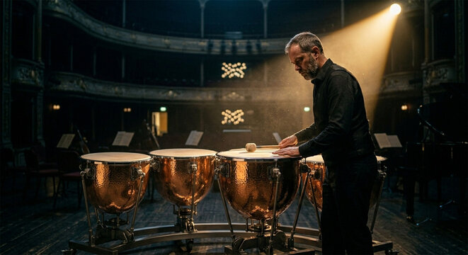 An atmospheric, cinematic portrait of a timpanist in a grand concert hall, standing amidst their instruments. A single, warm spotlight highlights the curvature of the largest copper bowl and the music