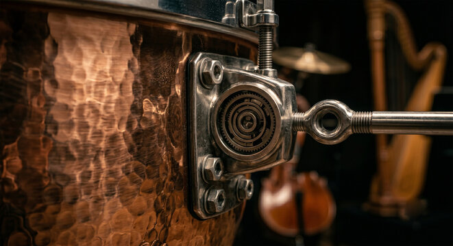 A hyper-realistic macro shot focusing on the transition between the polished, hammered copper bowl of a timpani and the tension hoop, with soft studio lighting emphasizing the metallic texture 