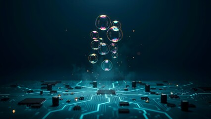 Naklejka premium Digital Technology and Circuitry Background with Bubbles in Dark Environment
