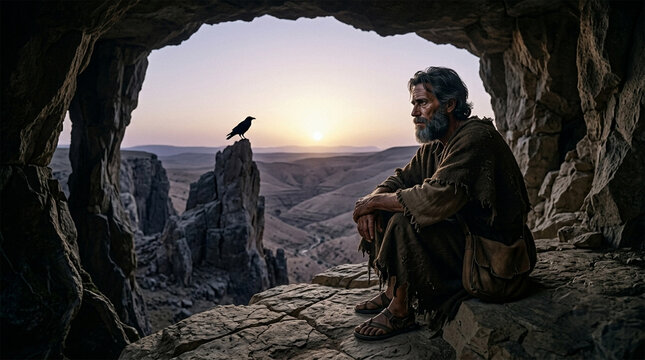 Bible, A powerful, moody portrait of Elijah sitting in the mouth of a cave, overlooking the dry ravine. His face is lined with fatigue but his eyes remain steady and full of trust. 