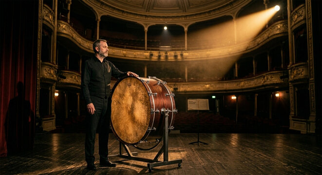 An atmospheric, cinematic portrait of a percussionist in a grand concert hall, standing beside a massive bass drum. A single, powerful spotlight illuminates the instrument, casting long,