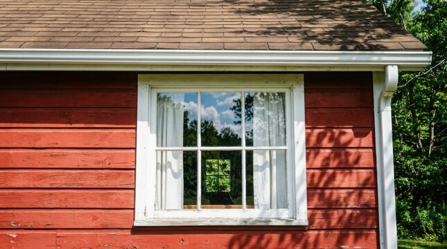 Close-up of white window on red barn exterior