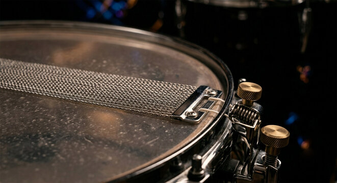 An extreme close-up view of the wire snares resting against the bottom resonant head of a snare drum, focusing on the intricate metallic texture